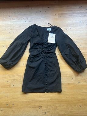 Black Ruched Button-Front Long Sleeve Mini Dress